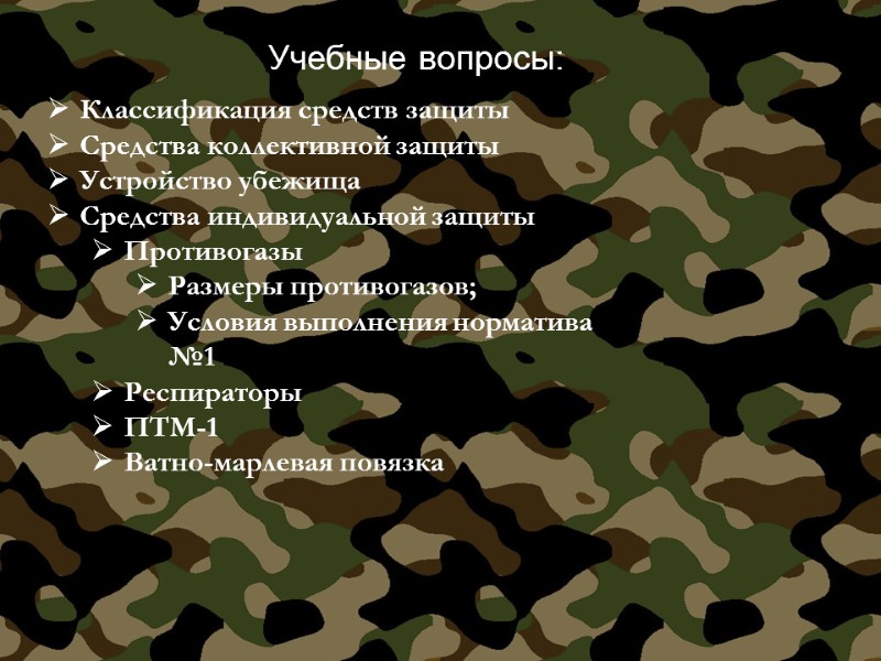 Учебные вопросы:  Классификация средств защиты  Средства коллективной защиты Устройство убежища Средства индивидуальной